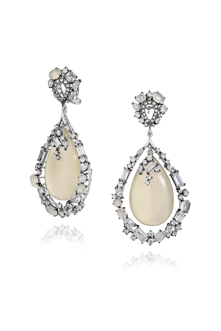 White Rhodium Finish Cubic Zirconia & Agate Stone Dangler Earrings In Sterling Silver by MISS JO at Pernia's Pop Up Shop