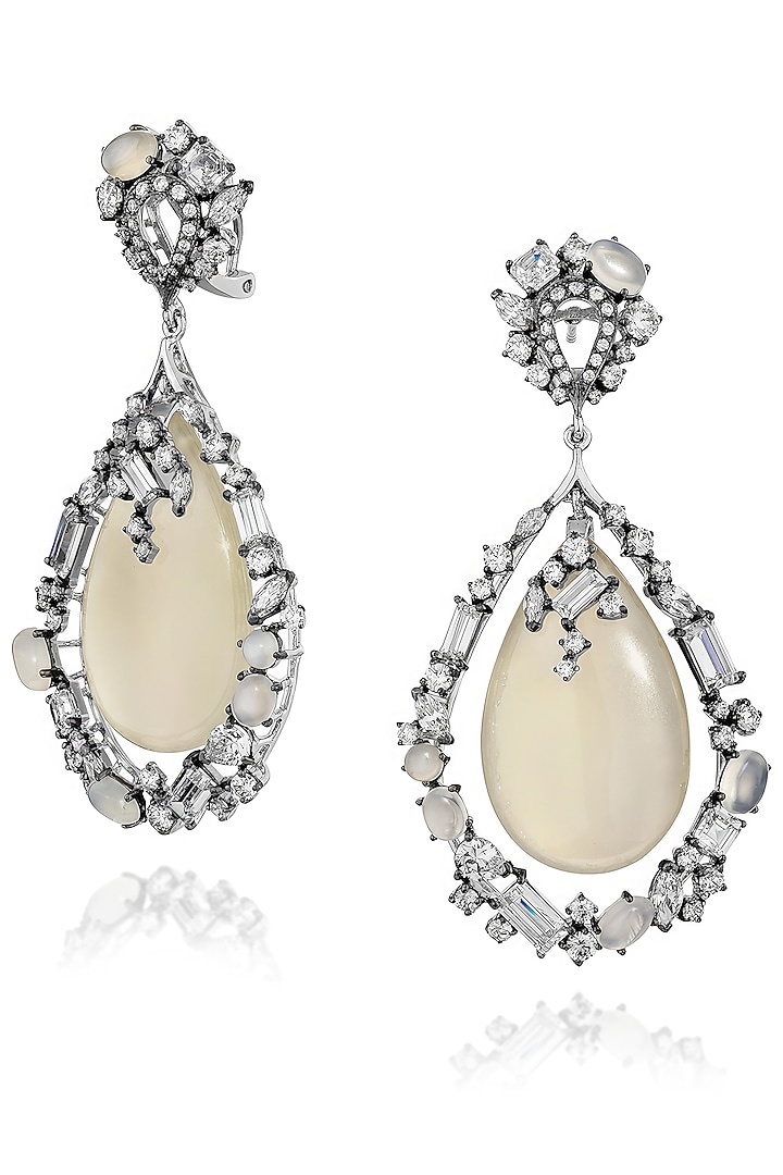 White Rhodium Finish Cubic Zirconia & Agate Stone Dangler Earrings In Sterling Silver by MISS JO at Pernia's Pop Up Shop