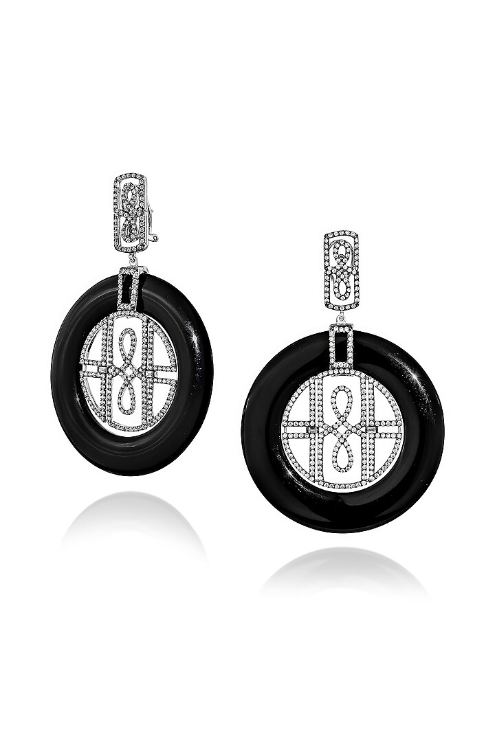 White Rhodium Finish Cubic Zirconia & Black Onyx Dangler Earrings In Sterling Silver by MISS JO at Pernia's Pop Up Shop