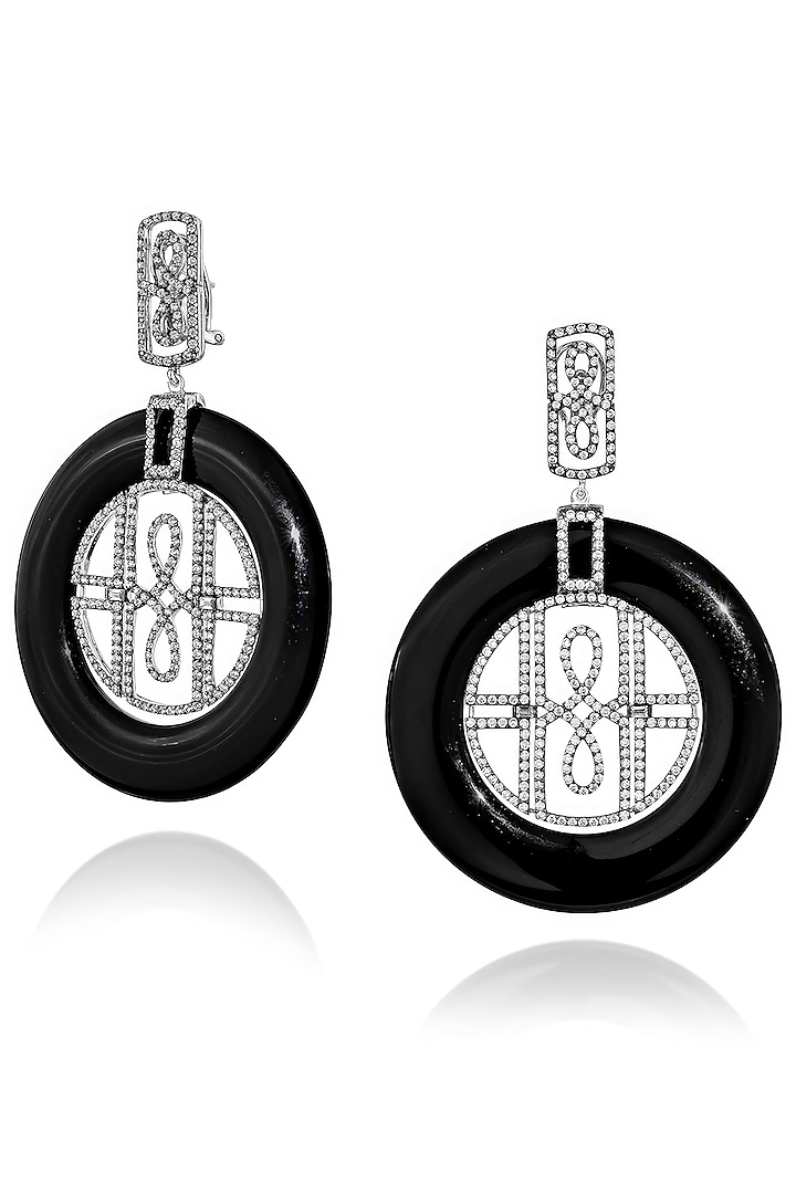 White Rhodium Finish Cubic Zirconia & Black Onyx Dangler Earrings In Sterling Silver by MISS JO at Pernia's Pop Up Shop