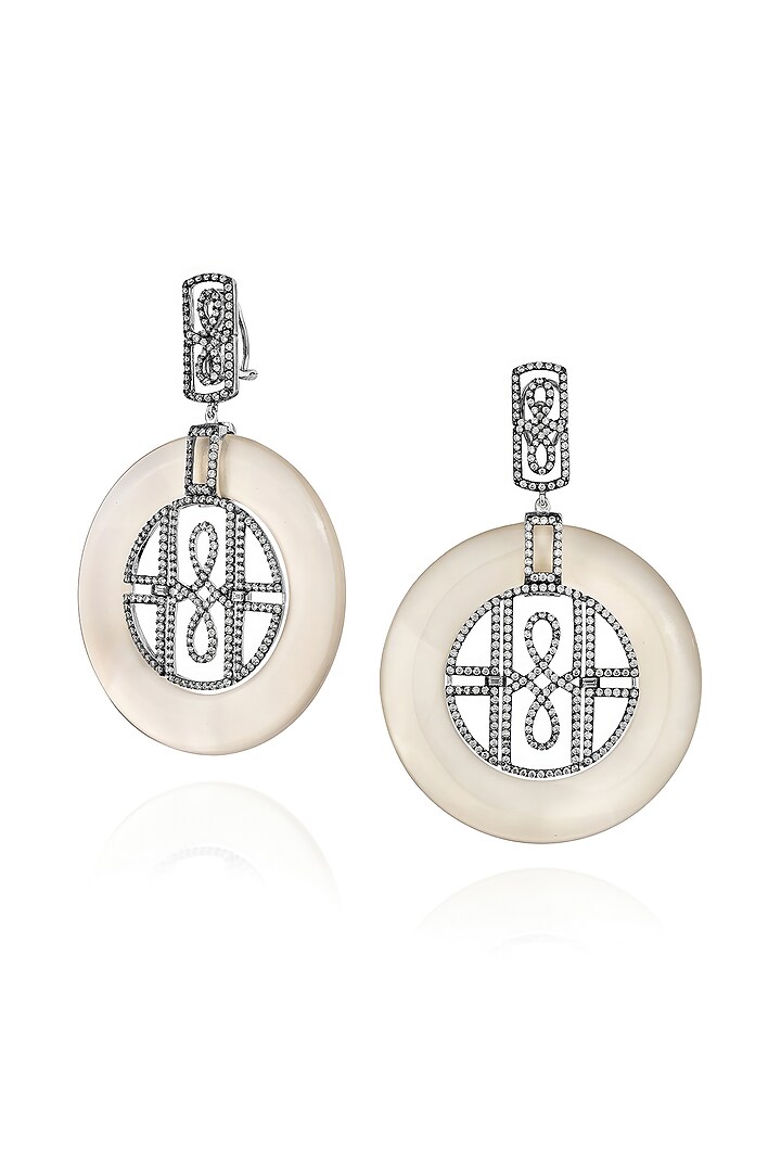 White Rhodium Finish Cubic Zirconia & Agate Stone Dangler Earrings In Sterling Silver by MISS JO at Pernia's Pop Up Shop