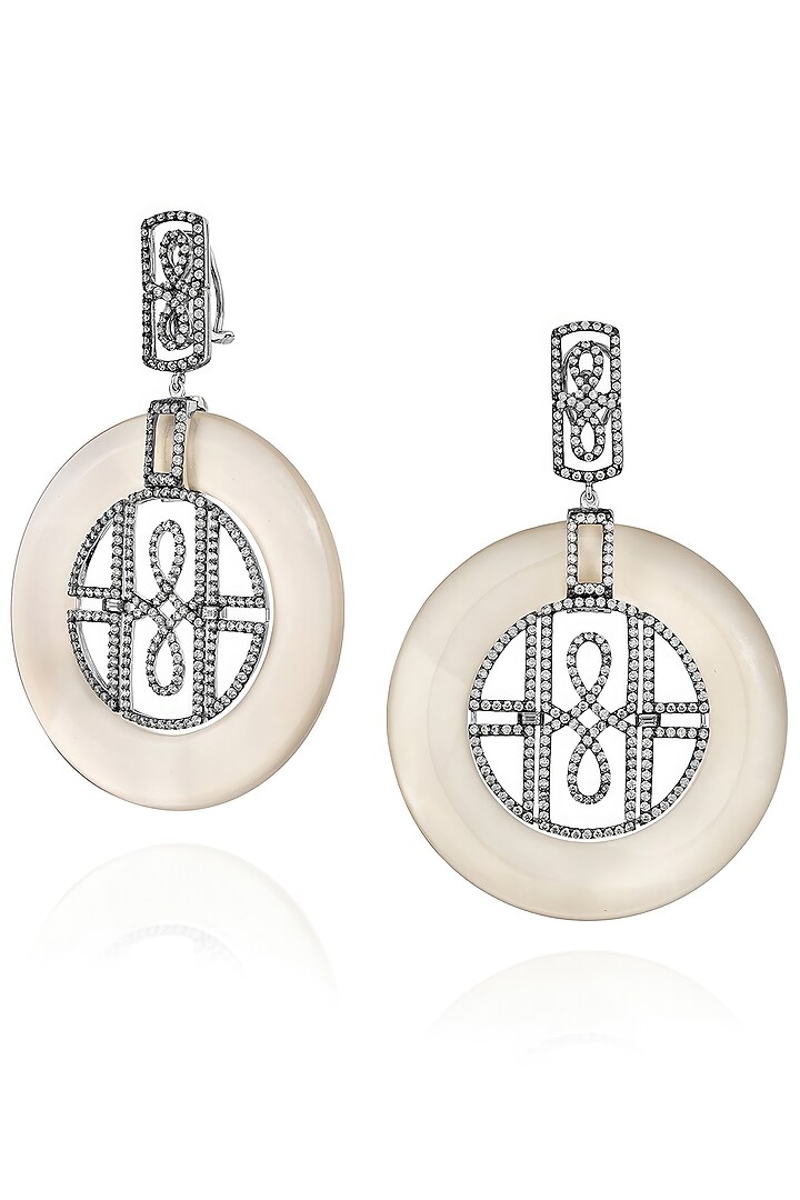 White Rhodium Finish Cubic Zirconia & Agate Stone Dangler Earrings In Sterling Silver by MISS JO at Pernia's Pop Up Shop