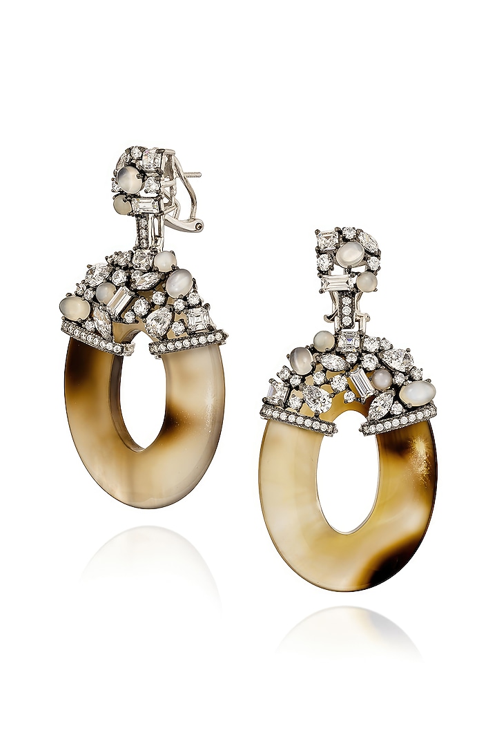 White Rhodium Finish Cubic Zirconia & Agate Stone Dangler Earrings In Sterling Silver by MISS JO at Pernia's Pop Up Shop