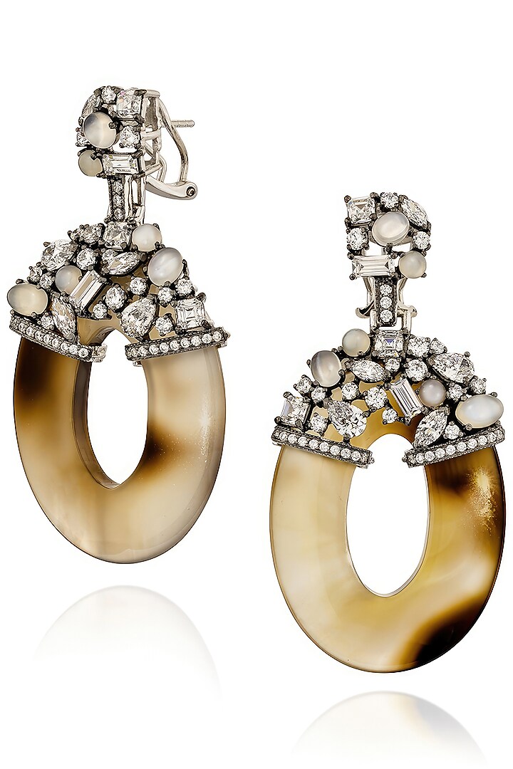 White Rhodium Finish Cubic Zirconia & Agate Stone Dangler Earrings In Sterling Silver by MISS JO at Pernia's Pop Up Shop