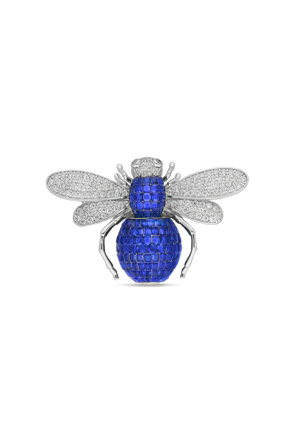 White Rhodium Finish Sapphire Blue Spinel Stone Honey Bee Brooch In Sterling silver by MISS JO at Pernia's Pop Up Shop