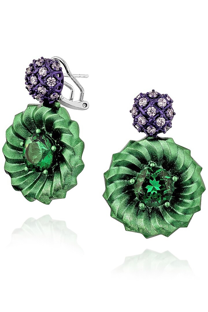 White Rhodium Finish Cubic Zirconia & Purple Stone Dangler Earrings In Sterling Silver by MISS JO at Pernia's Pop Up Shop