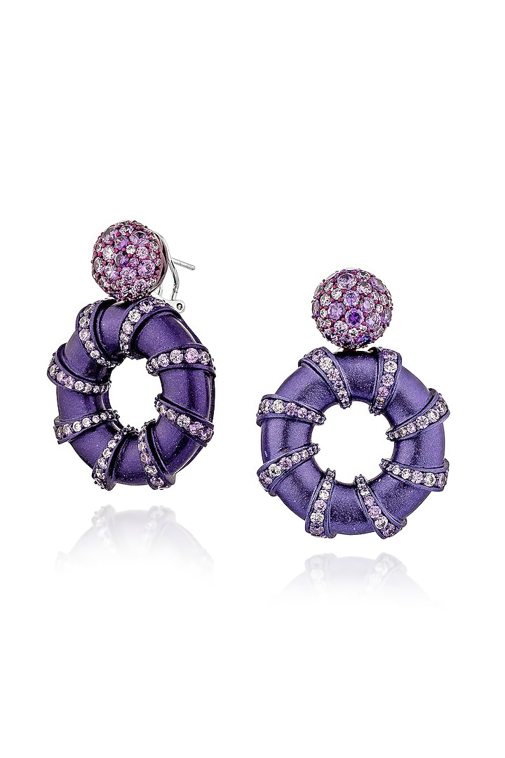 White Rhodium Finish Cubic Zirconia & Purple Stone Hoop Earrings In Sterling Silver by MISS JO at Pernia's Pop Up Shop