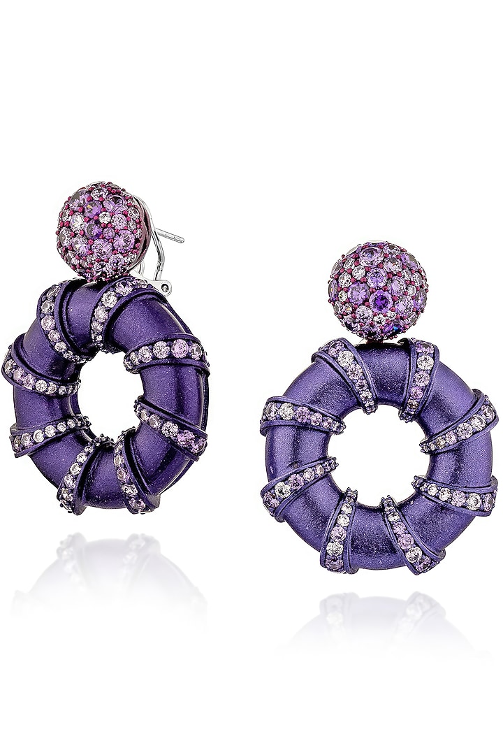 White Rhodium Finish Cubic Zirconia & Purple Stone Hoop Earrings In Sterling Silver by MISS JO at Pernia's Pop Up Shop