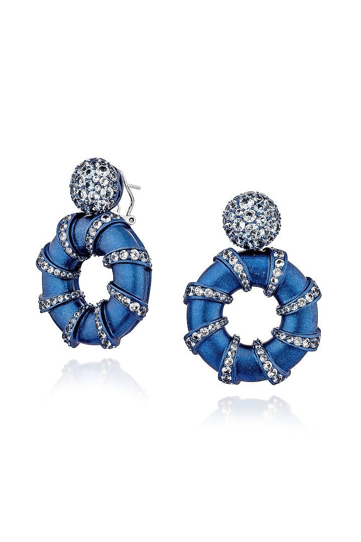 White Rhodium Finish Cubic Zirconia & Blue Topaz Stone Hoop Earrings In Sterling Silver by MISS JO at Pernia's Pop Up Shop