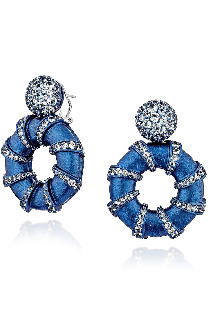 White Rhodium Finish Cubic Zirconia & Blue Topaz Stone Hoop Earrings In Sterling Silver by MISS JO at Pernia's Pop Up Shop
