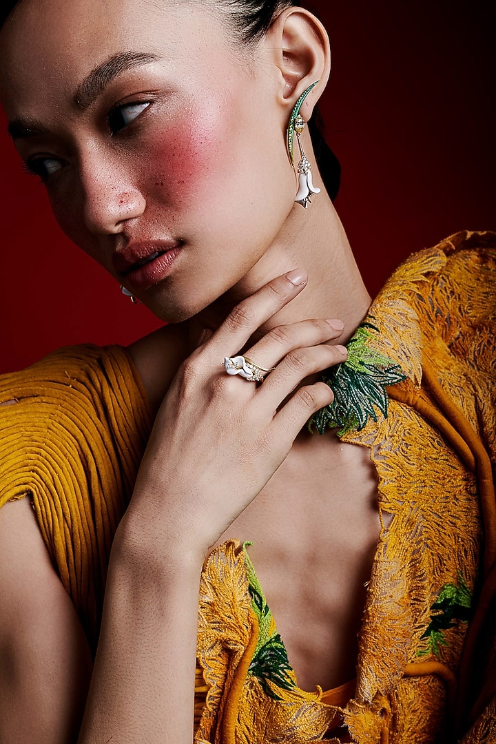 Gold Finish Cubic Zirconia & Canary Stone Earcuff Dangler Earrings In Sterling Silver by MISS JO at Pernia's Pop Up Shop