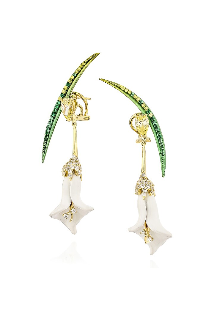 Gold Finish Cubic Zirconia & Canary Stone Earcuff Dangler Earrings In Sterling Silver by MISS JO at Pernia's Pop Up Shop