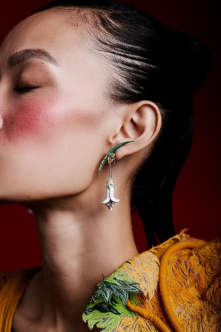 Gold Finish Cubic Zirconia & Canary Stone Earcuff Dangler Earrings In Sterling Silver by MISS JO at Pernia's Pop Up Shop