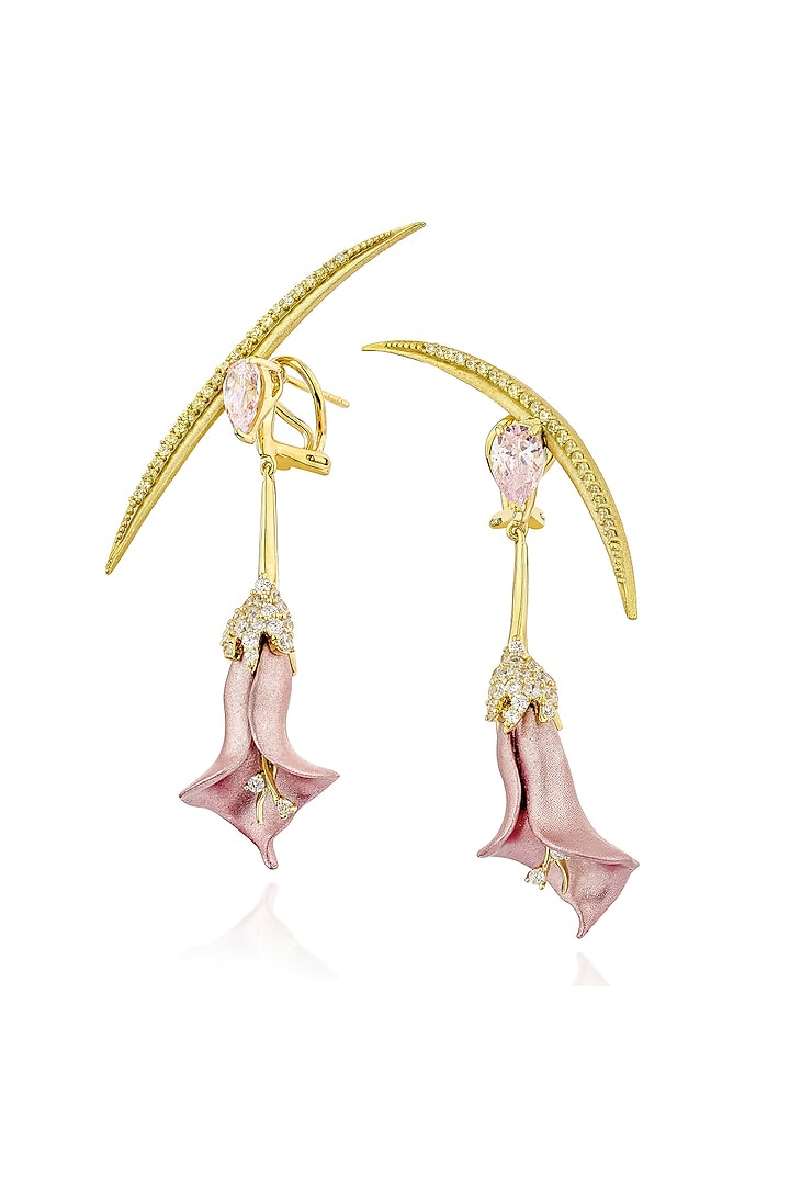 Gold Finish Cubic Zirconia & Pink Stone Earcuff Dangler Earrings In Sterling Silver by MISS JO at Pernia's Pop Up Shop
