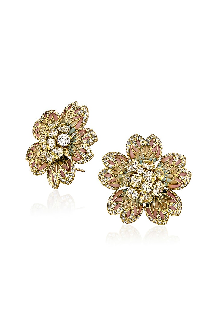 Gold Finish Cubic Zirconia & Canary Stone Floral Stud Earrings In Sterling Silver by MISS JO at Pernia's Pop Up Shop
