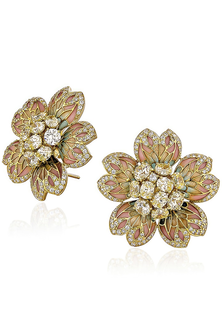 Gold Finish Cubic Zirconia & Canary Stone Floral Stud Earrings In Sterling Silver by MISS JO at Pernia's Pop Up Shop