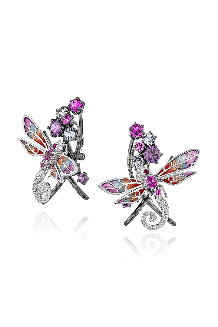 White Rhodium Finish Cubic Zirconia & Canary Stone Stud Earrings In Sterling Silver by MISS JO at Pernia's Pop Up Shop