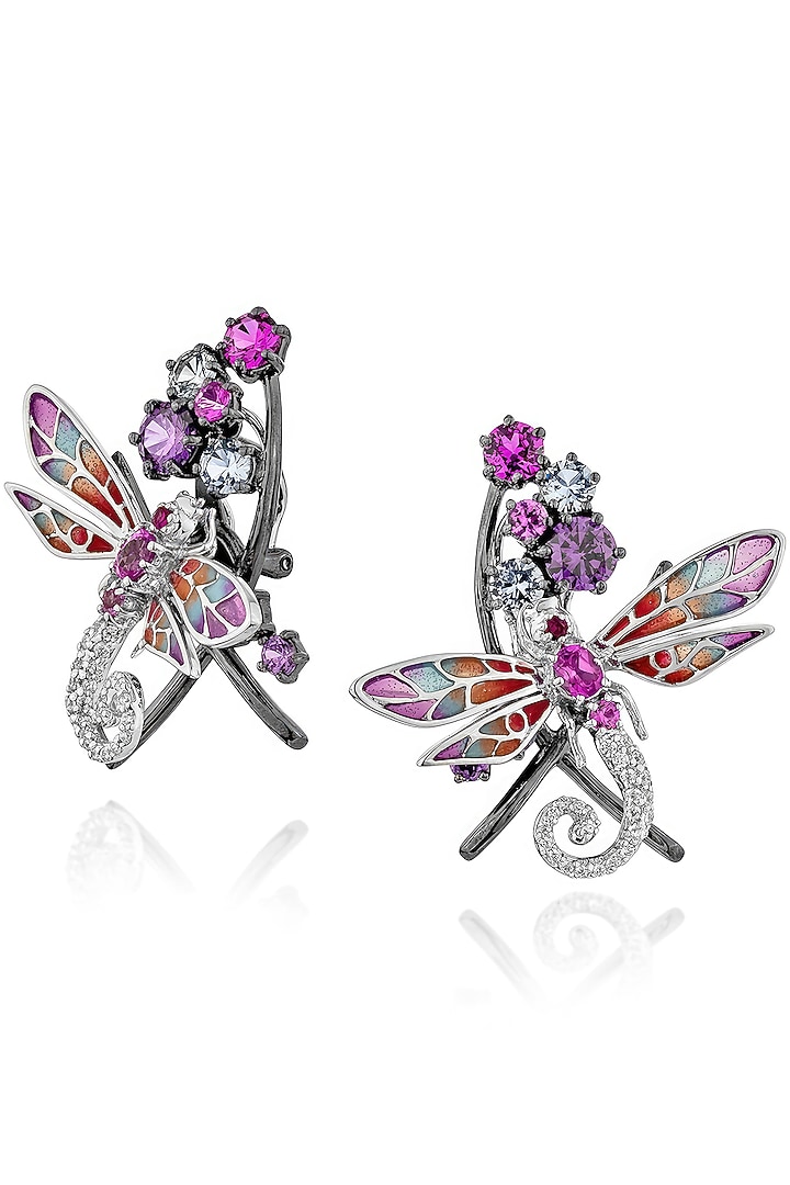 White Rhodium Finish Cubic Zirconia & Canary Stone Stud Earrings In Sterling Silver by MISS JO at Pernia's Pop Up Shop