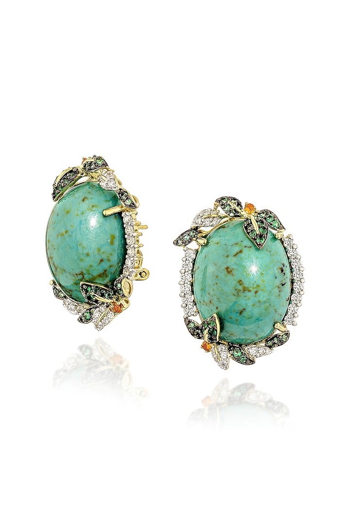 Gold Finish Cubic Zirconia & Turquoise Stone Stud Earrings In Sterling Silver by MISS JO at Pernia's Pop Up Shop