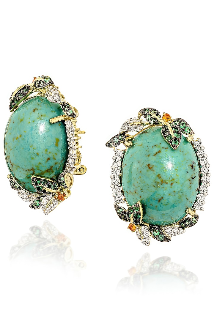 Gold Finish Cubic Zirconia & Turquoise Stone Stud Earrings In Sterling Silver by MISS JO at Pernia's Pop Up Shop