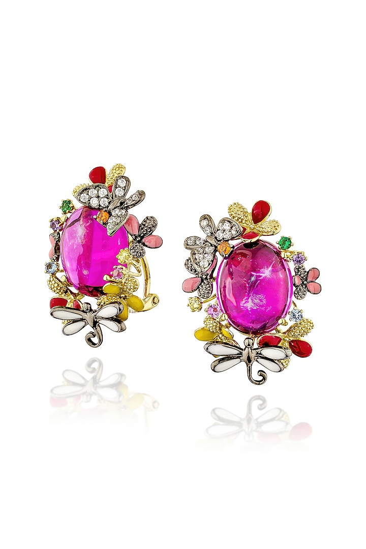Gold Finish Cubic Zirconia & Pink Stone Floral Stud Earrings In Sterling Silver by MISS JO at Pernia's Pop Up Shop