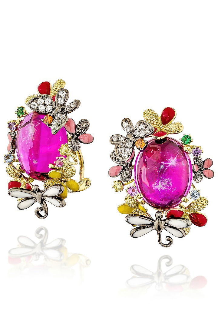 Gold Finish Cubic Zirconia & Pink Stone Floral Stud Earrings In Sterling Silver by MISS JO at Pernia's Pop Up Shop