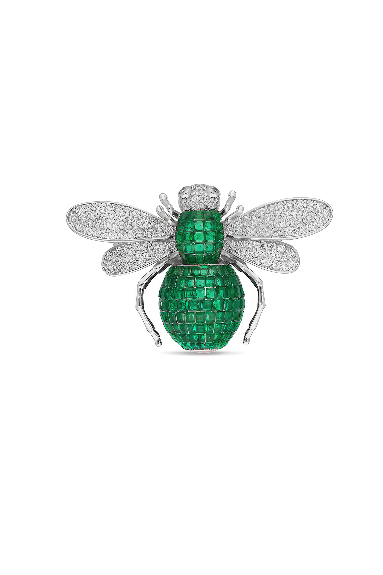 White Rhodium Finish Emerald Green Spinel Stone Honey Bee Brooch In Sterling silver by MISS JO at Pernia's Pop Up Shop