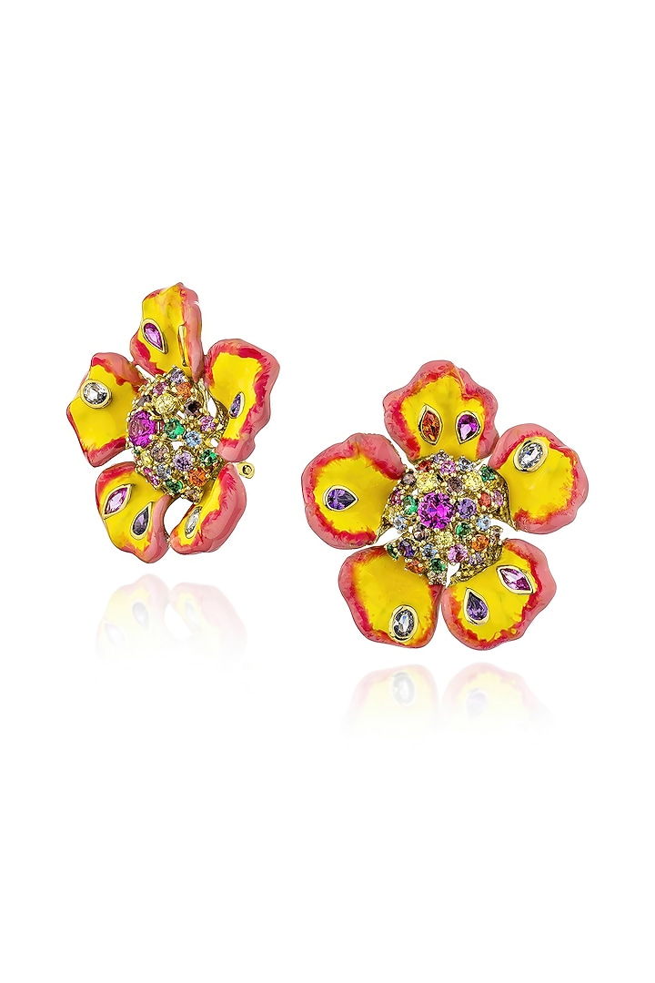 Gold Finish Cubic Zirconia Crystal Enameled Floral Stud Earrings In Sterling Silver by MISS JO at Pernia's Pop Up Shop