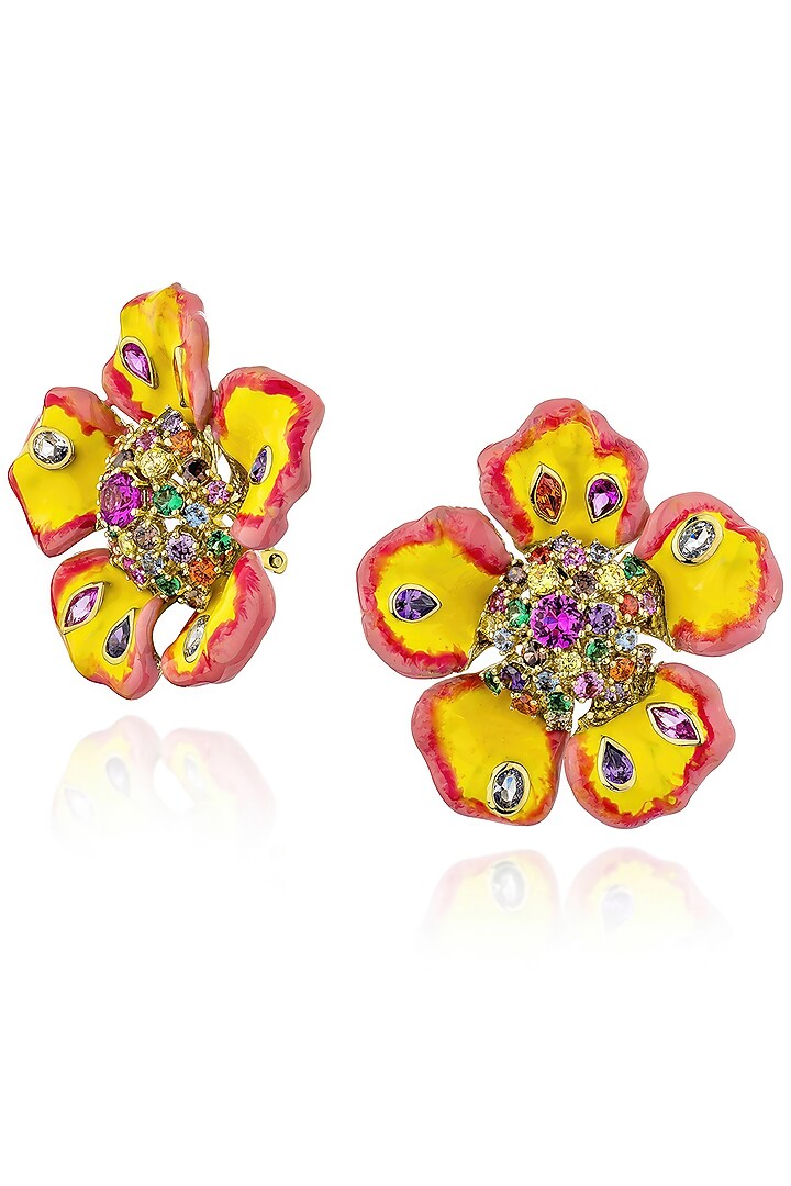 Gold Finish Cubic Zirconia Crystal Enameled Floral Stud Earrings In Sterling Silver by MISS JO at Pernia's Pop Up Shop