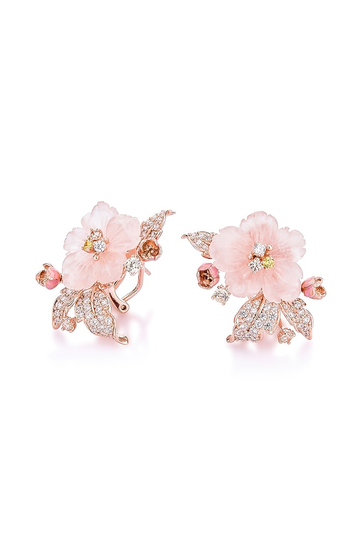 Rose Gold Finish Cubic Zirconia & Pink Onyx Floral Stud Earrings In Sterling Silver by MISS JO at Pernia's Pop Up Shop