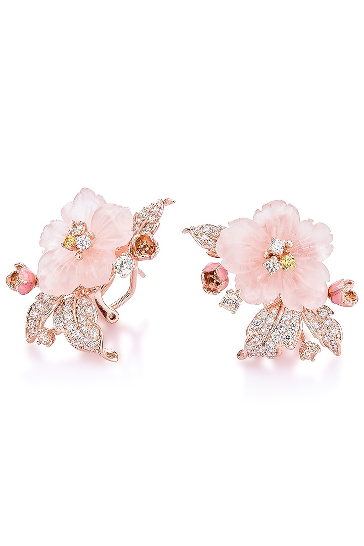Rose Gold Finish Cubic Zirconia & Pink Onyx Floral Stud Earrings In Sterling Silver by MISS JO at Pernia's Pop Up Shop