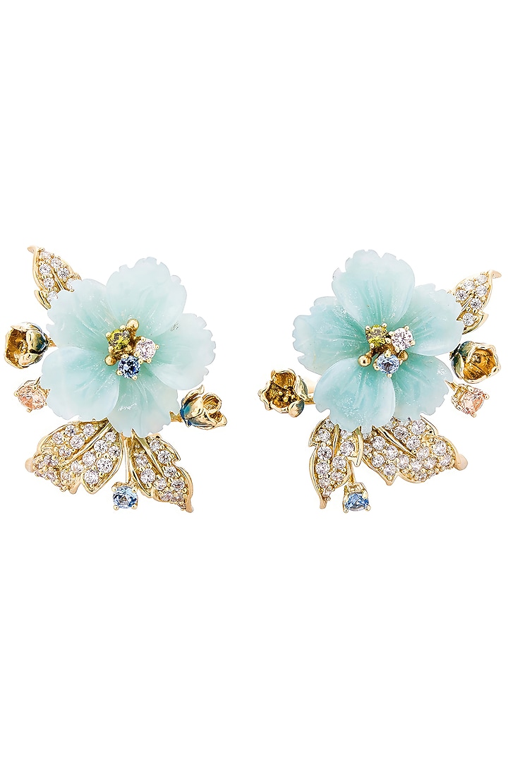 Gold Finish Cubic Zirconia & Blue Onyx Floral Stud Earrings In Sterling Silver by MISS JO at Pernia's Pop Up Shop