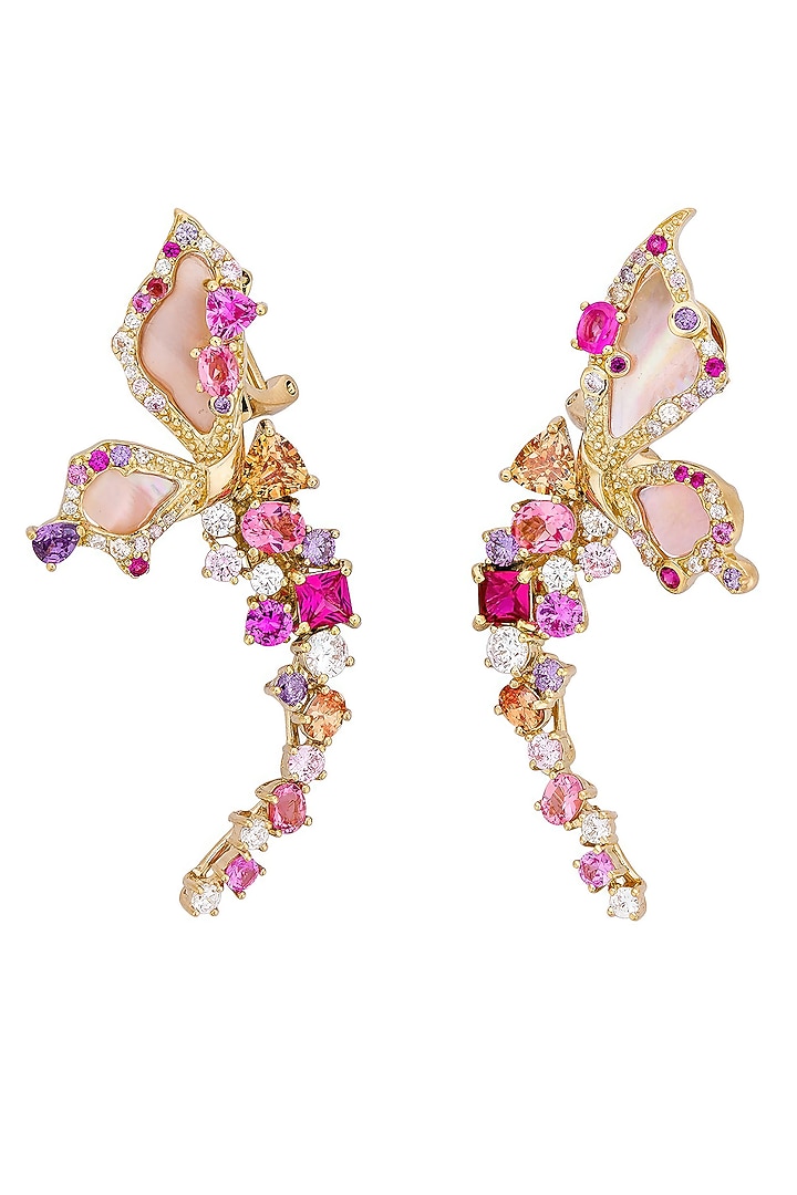 Gold Finish Cubic Zirconia & Pink Shell Butterfly Stud Earrings In Sterling Silver by MISS JO at Pernia's Pop Up Shop