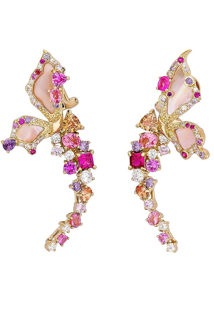 Gold Finish Cubic Zirconia & Pink Shell Butterfly Stud Earrings In Sterling Silver by MISS JO at Pernia's Pop Up Shop