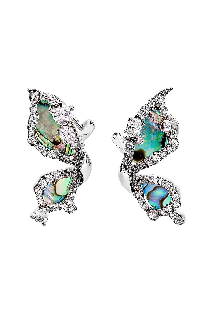 White Rhodium Finish Cubic Zirconia & Abalone Shell Butterfly Earrings In Sterling Silver by MISS JO at Pernia's Pop Up Shop