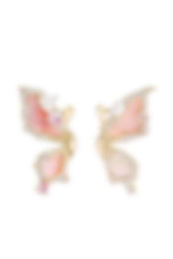 Gold Finish Cubic Zirconia & Pink Shell Butterfly Stud Earrings In Sterling Silver by MISS JO at Pernia's Pop Up Shop