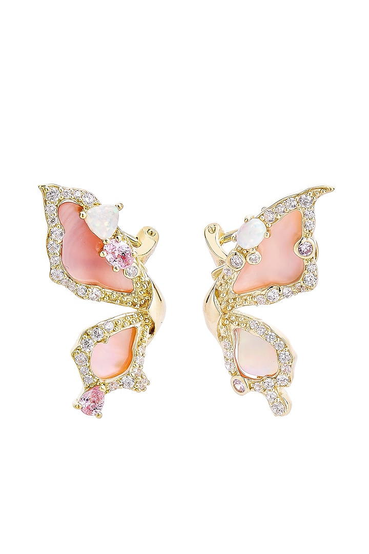 Gold Finish Cubic Zirconia & Pink Shell Butterfly Stud Earrings In Sterling Silver by MISS JO at Pernia's Pop Up Shop