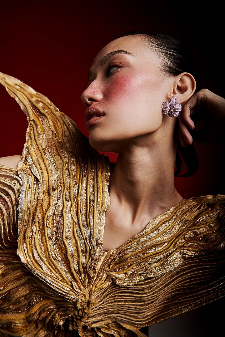 White Rhodium Finish Cubic Zirconia & Purple Stone Floral Stud Earrings In Sterling Silver by MISS JO at Pernia's Pop Up Shop