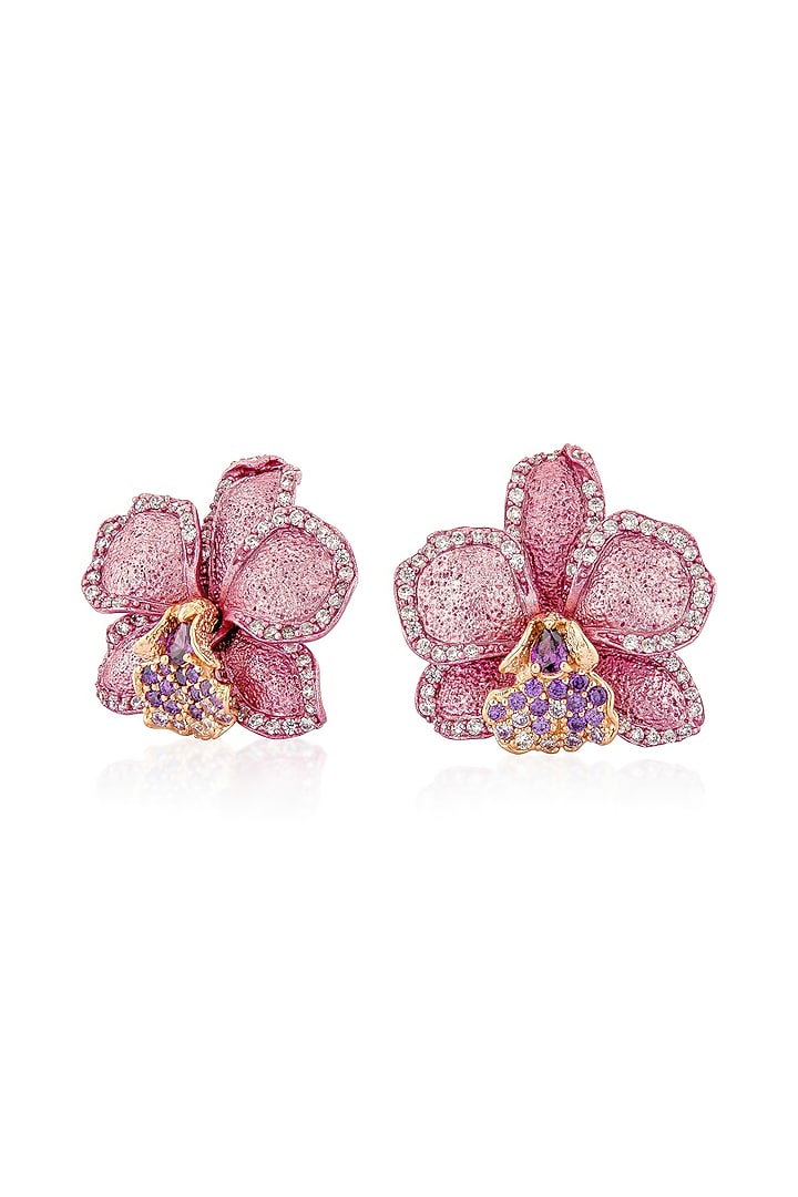 White Rhodium Finish Cubic Zirconia & Purple Stone Floral Stud Earrings In Sterling Silver by MISS JO at Pernia's Pop Up Shop