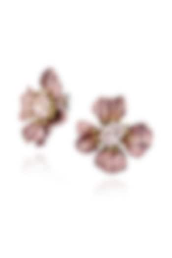White Rhodium Finish Cubic Zirconia & Pink Stone Floral Stud Earrings In Sterling Silver by MISS JO at Pernia's Pop Up Shop