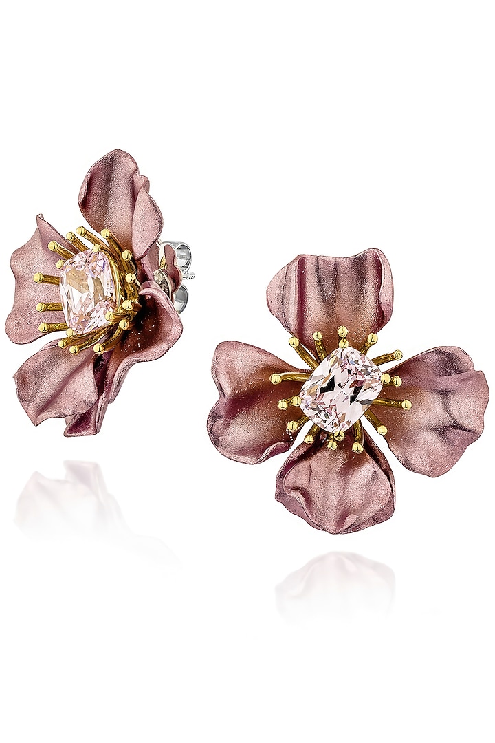 White Rhodium Finish Cubic Zirconia & Pink Stone Floral Stud Earrings In Sterling Silver by MISS JO at Pernia's Pop Up Shop