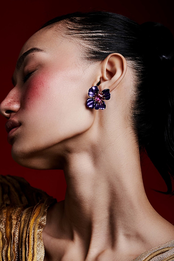 White Rhodium Finish Cubic Zirconia & Purple Stone Floral Stud Earrings In Sterling Silver by MISS JO at Pernia's Pop Up Shop