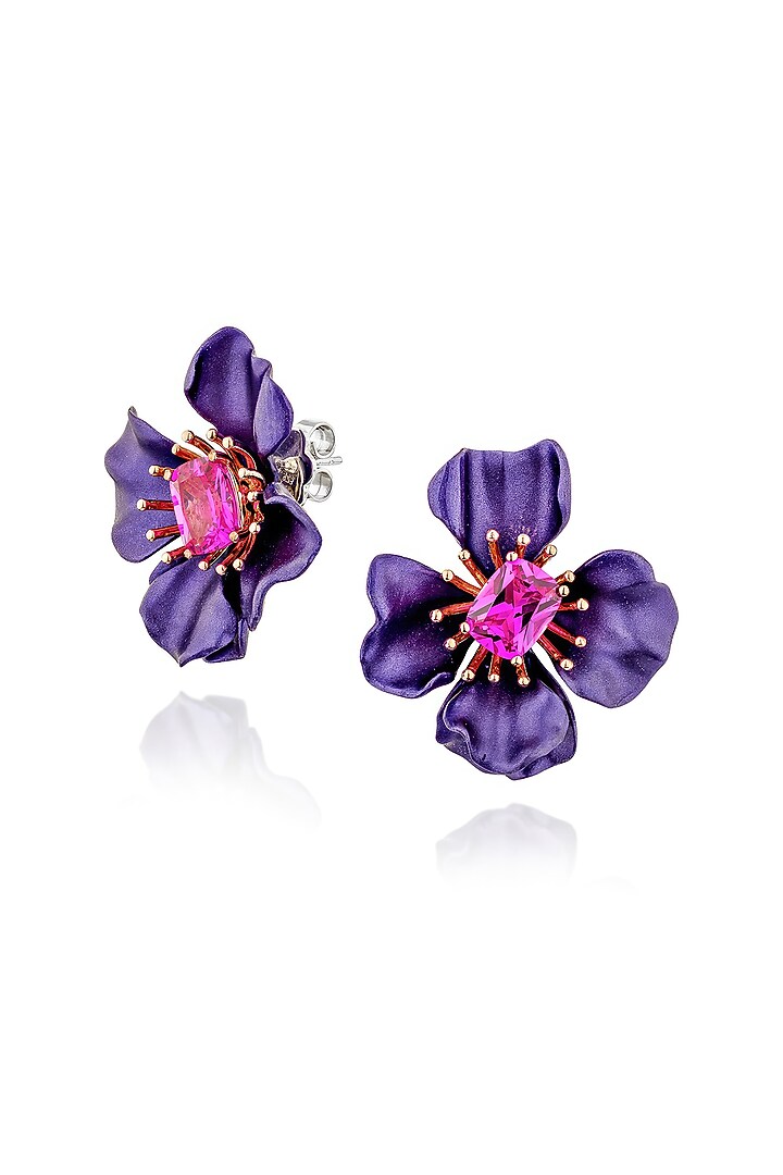 White Rhodium Finish Cubic Zirconia & Purple Stone Floral Stud Earrings In Sterling Silver by MISS JO at Pernia's Pop Up Shop