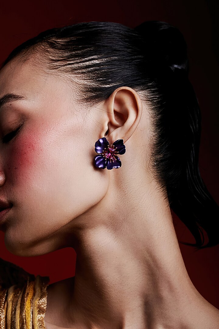 White Rhodium Finish Cubic Zirconia & Purple Stone Floral Stud Earrings In Sterling Silver by MISS JO at Pernia's Pop Up Shop