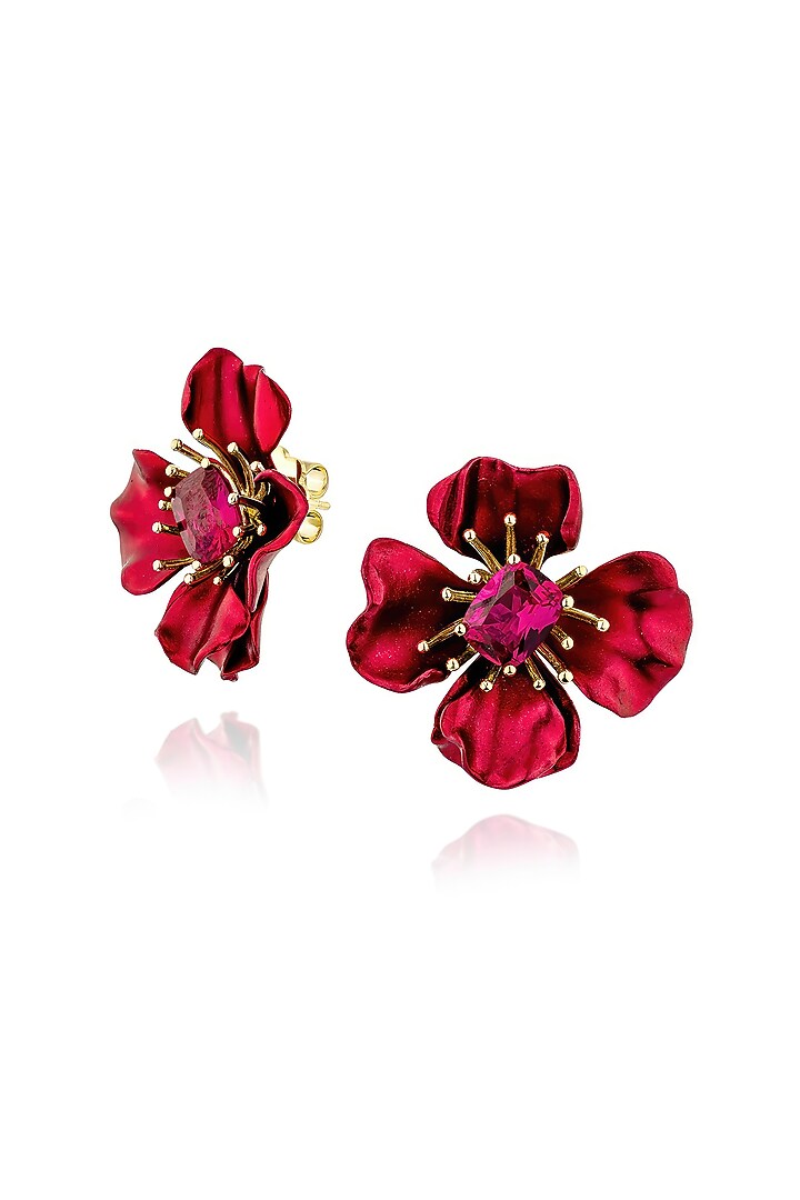 Gold Finish Cubic Zirconia & Red Stone Floral Stud Earrings In Sterling Silver by MISS JO at Pernia's Pop Up Shop