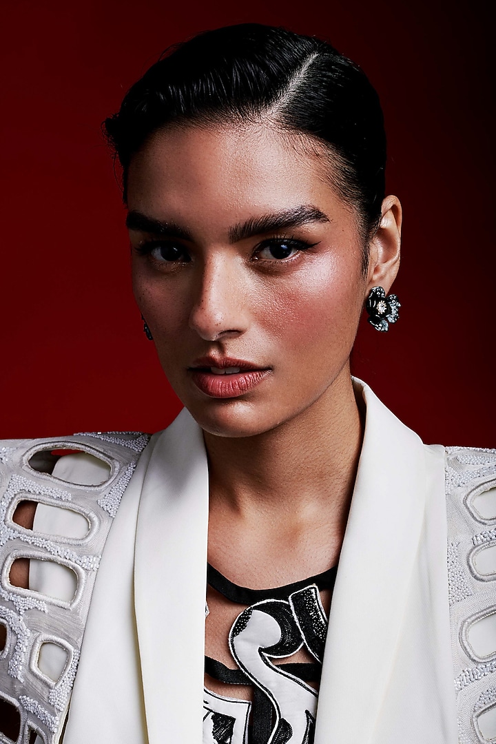 White Rhodium Finish Cubic Zirconia & White Stone Floral Stud Earrings In Sterling Silver by MISS JO at Pernia's Pop Up Shop