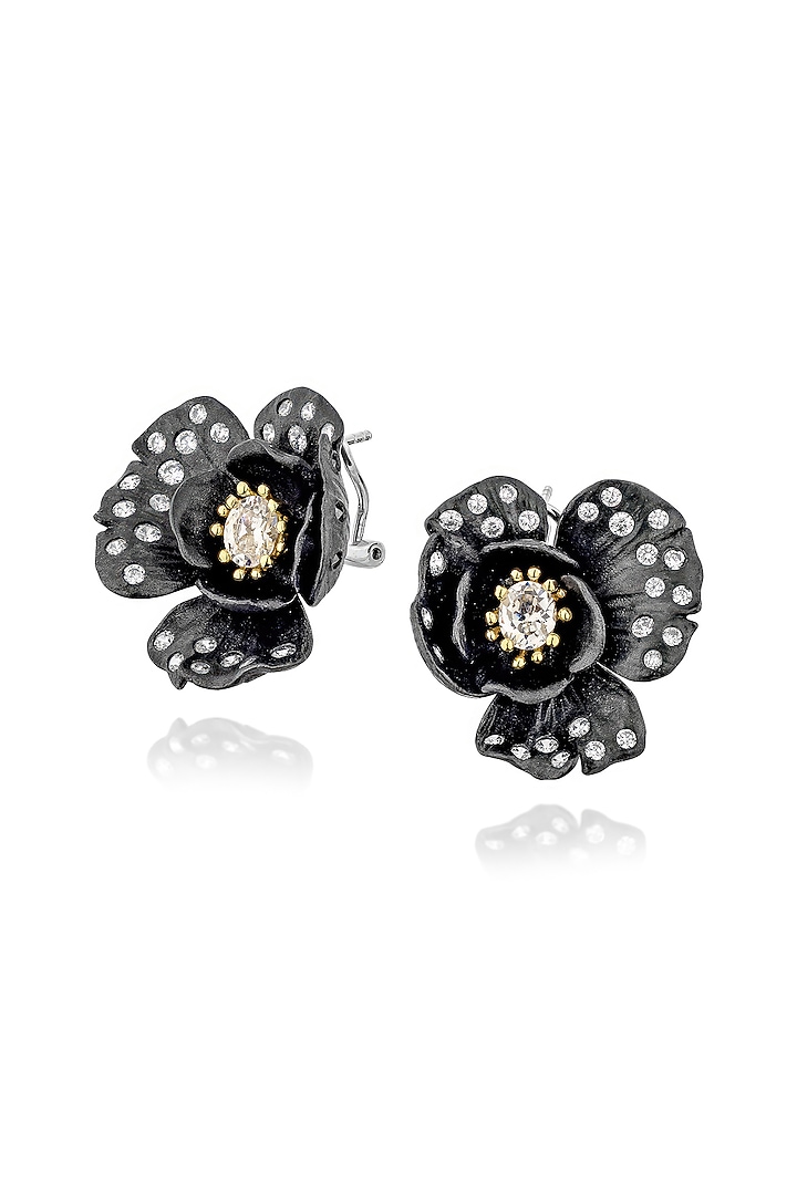 White Rhodium Finish Cubic Zirconia & White Stone Floral Stud Earrings In Sterling Silver by MISS JO at Pernia's Pop Up Shop