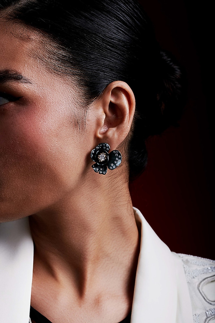 White Rhodium Finish Cubic Zirconia & White Stone Floral Stud Earrings In Sterling Silver by MISS JO at Pernia's Pop Up Shop
