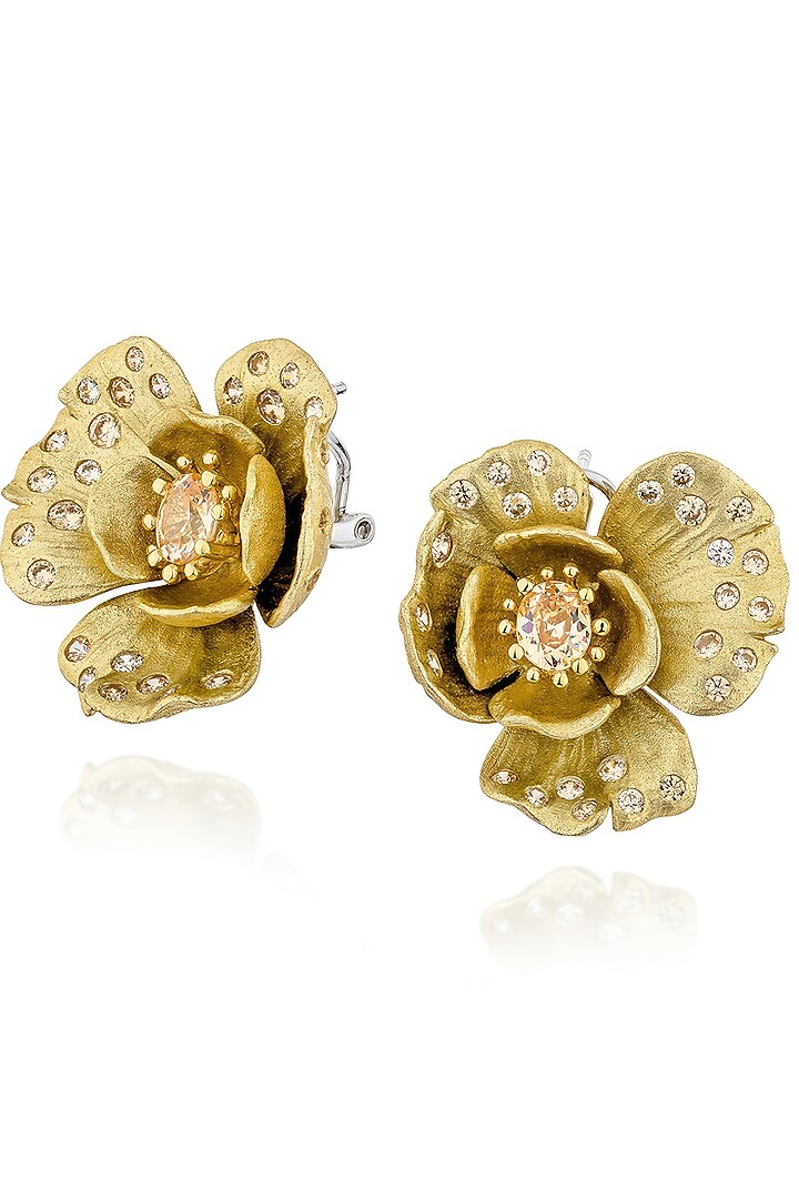 White Rhodium Finish Cubic Zirconia & Champagne Stone Floral Stud Earrings In Sterling Silver by MISS JO at Pernia's Pop Up Shop