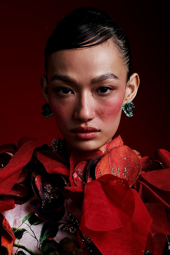 White Rhodium Finish Cubic Zirconia & Green Stone Floral Stud Earrings In Sterling Silver by MISS JO at Pernia's Pop Up Shop